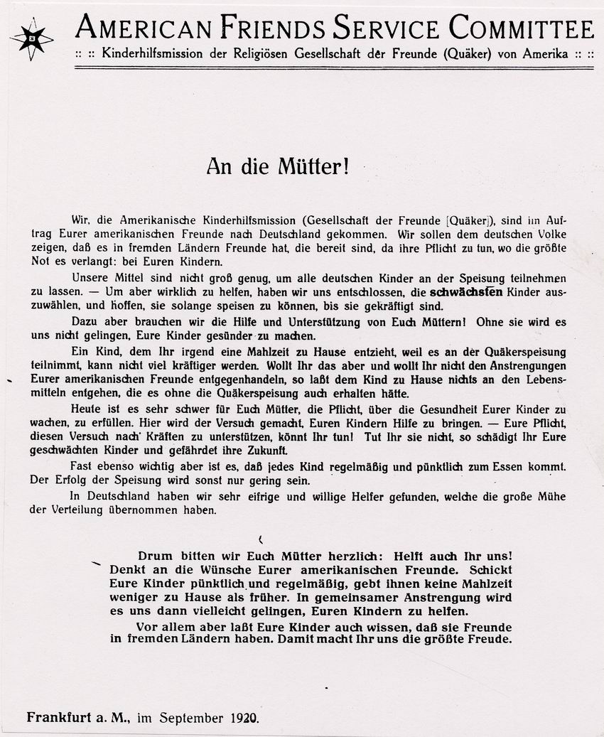 Zwei Rundschreiben der amerikanischen Quäker an die Kinder und die Mütter Deutschlands im September 1920 und Berechtigungsschein eines Schülers für Essen vom 31. März 1921