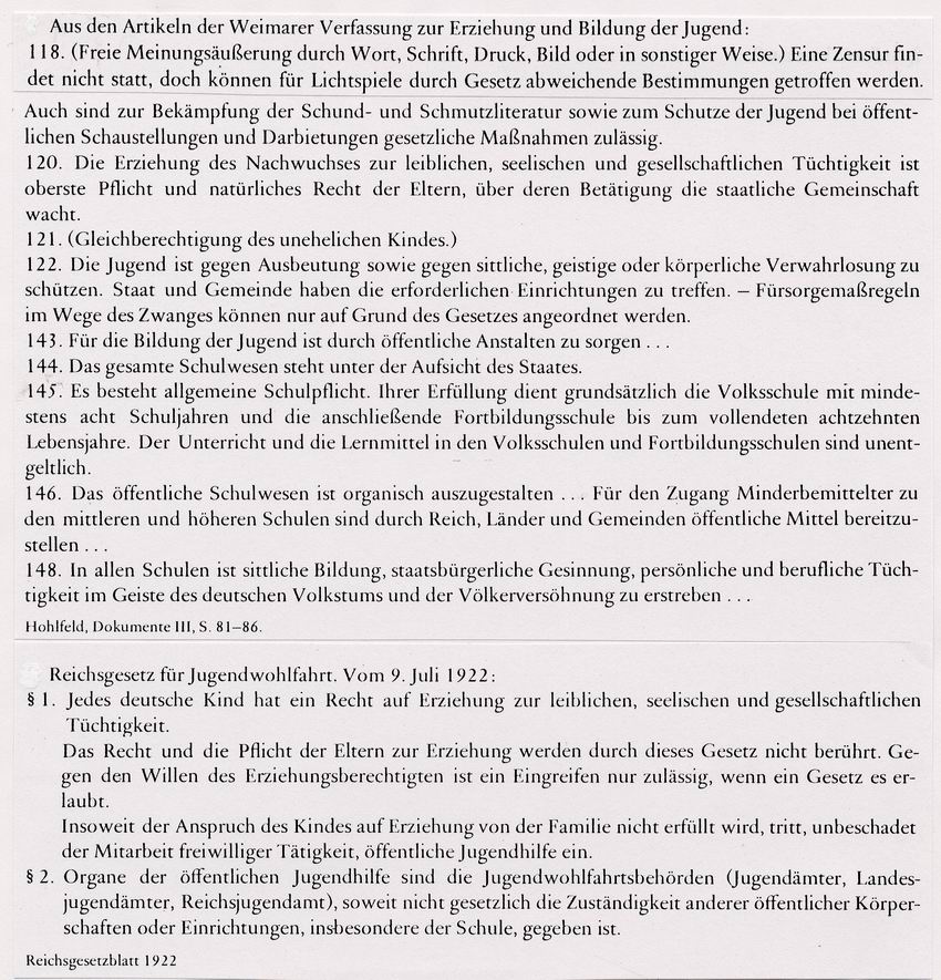 Auszüge aus den Artikeln der Weimarer Verfassung zu Erziehung und Bildung der Jugend und aus dem Reichsgesetz für Jugendwohlfahrt, 1922
