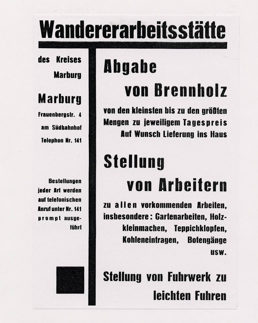 Plakat der Wanderarbeitsstätte des Kreises Marburg, 1926