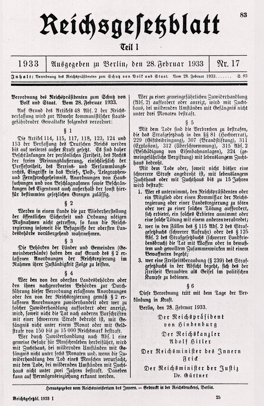 Verordnung des Reichspräsidenten zum Schutz von Volk und Staat vom 28. Februar 1933 über die Aufhebung politischer Grundrechte (sog. Reichstagsbrandverordnung)