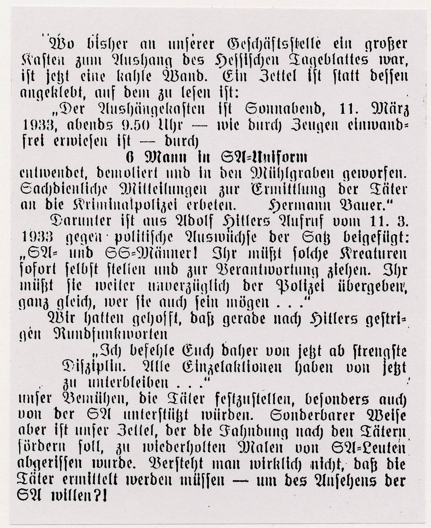 Auszug aus einem Zeitungsartikel des Hessischen Tageblatts über Aktionen der SA gegen die Presse, 13. März 1933