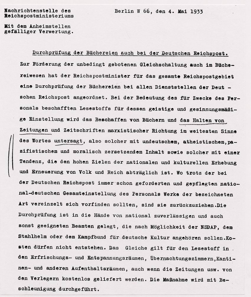 Schreiben der Nachrichtenstelle des Reichspostministeriums zur Gleichschaltung der Behördenbibliotheken, 4. Mai 1933