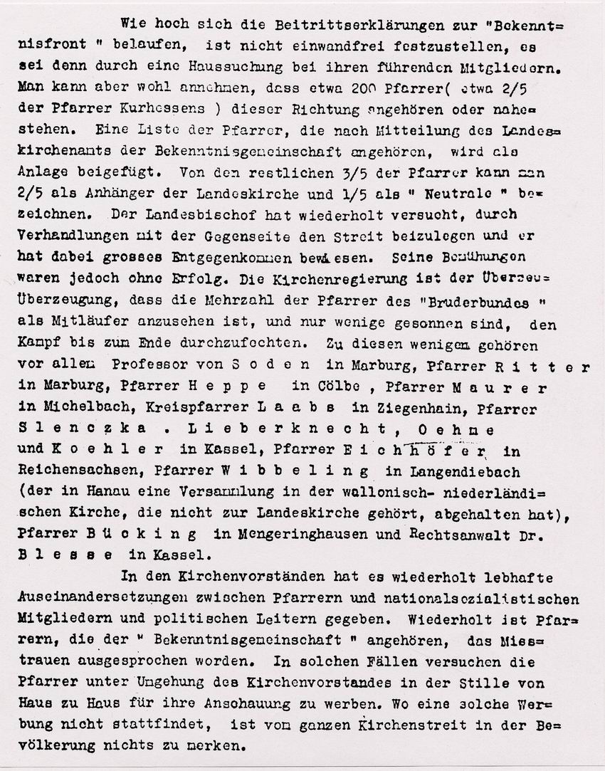 Auszug aus dem Bericht der Gestapostelle Kassel über die politische Einstellung von evangelischen Pfarrern und deren Zugehörigkeit zur "Bekennenden Kirche", 18. September 1934