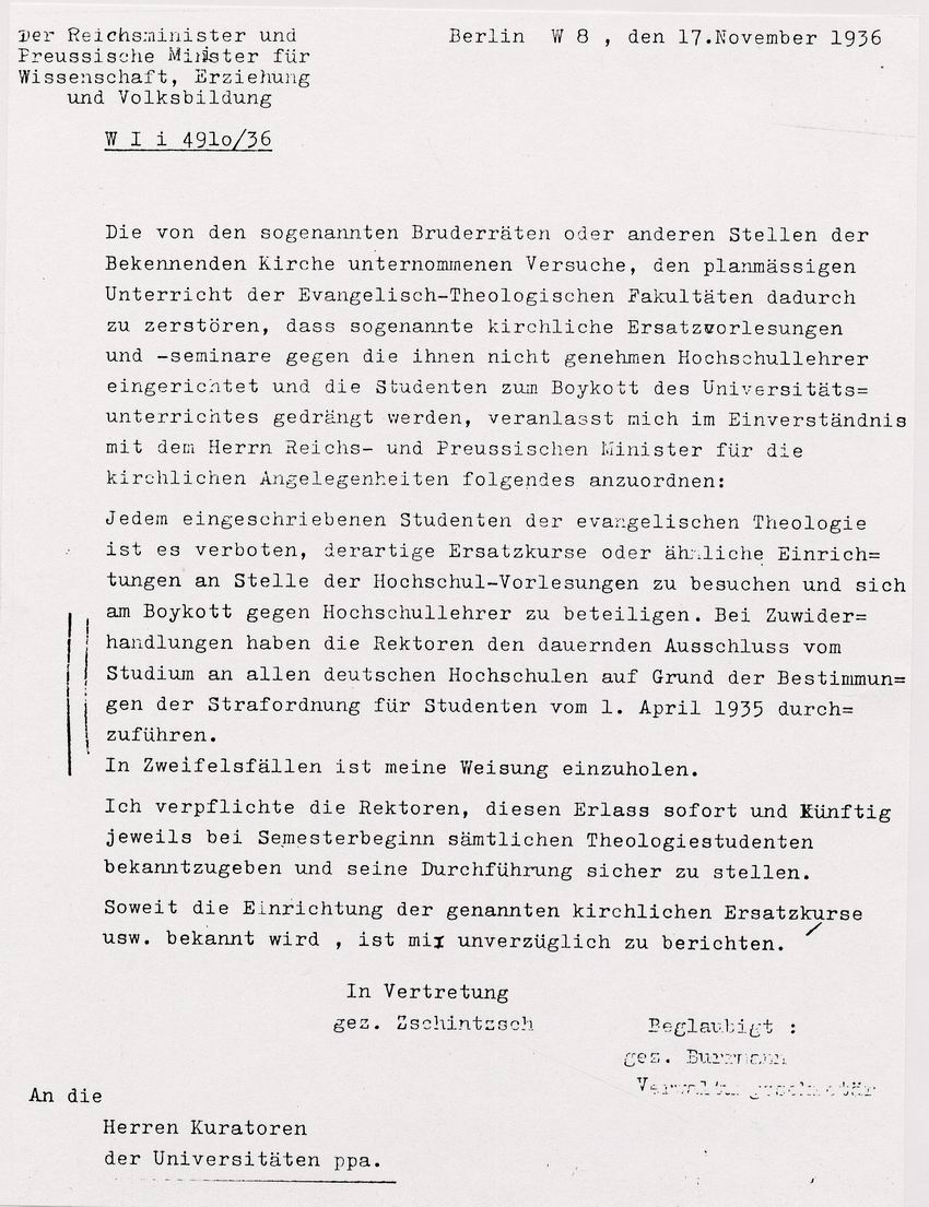 Schreiben des Reichsministers für Wissenschaft, Erziehung und Volksbildung an die Kuratoren der Universitäten über Vorgänge an den theologischen Fakultäten der Universitäten, 17. November 1936