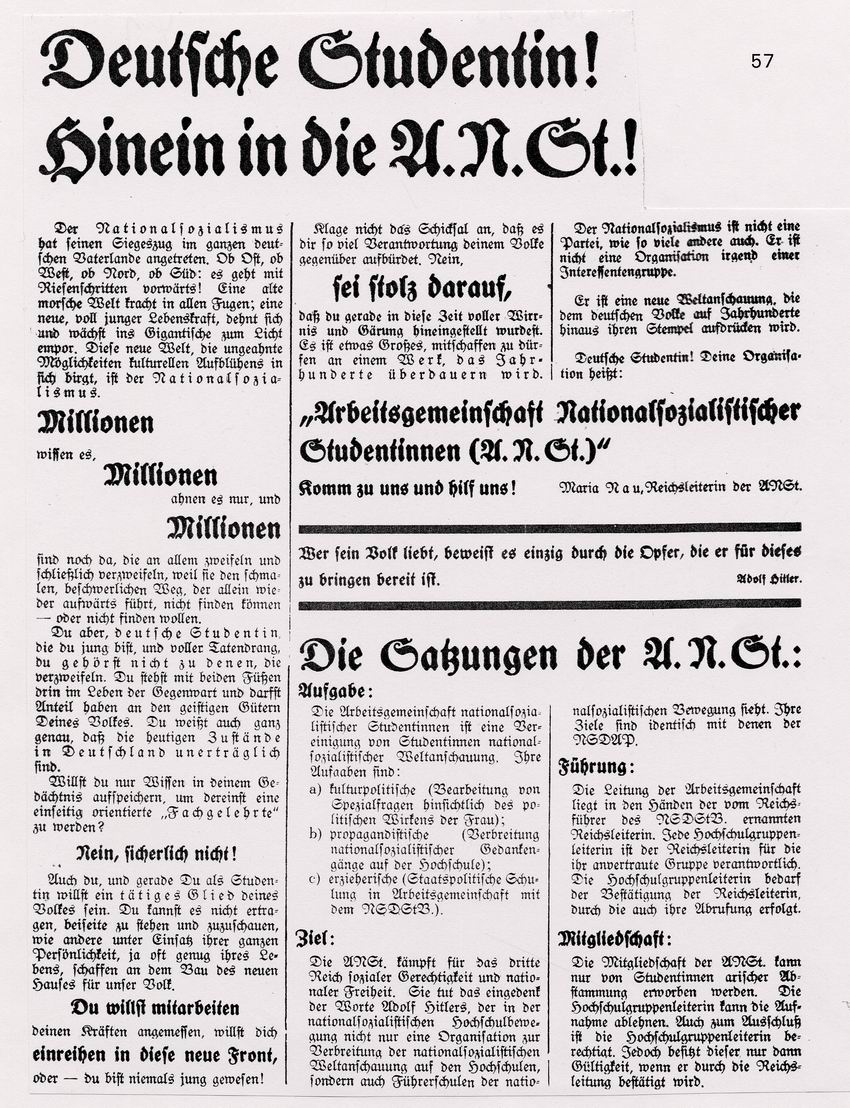 Flugblatt mit Aufruf an die Studentinnen der Arbeitsgemeinschaft Nationalsozialistischer Studentinnen beizutreten, 1931