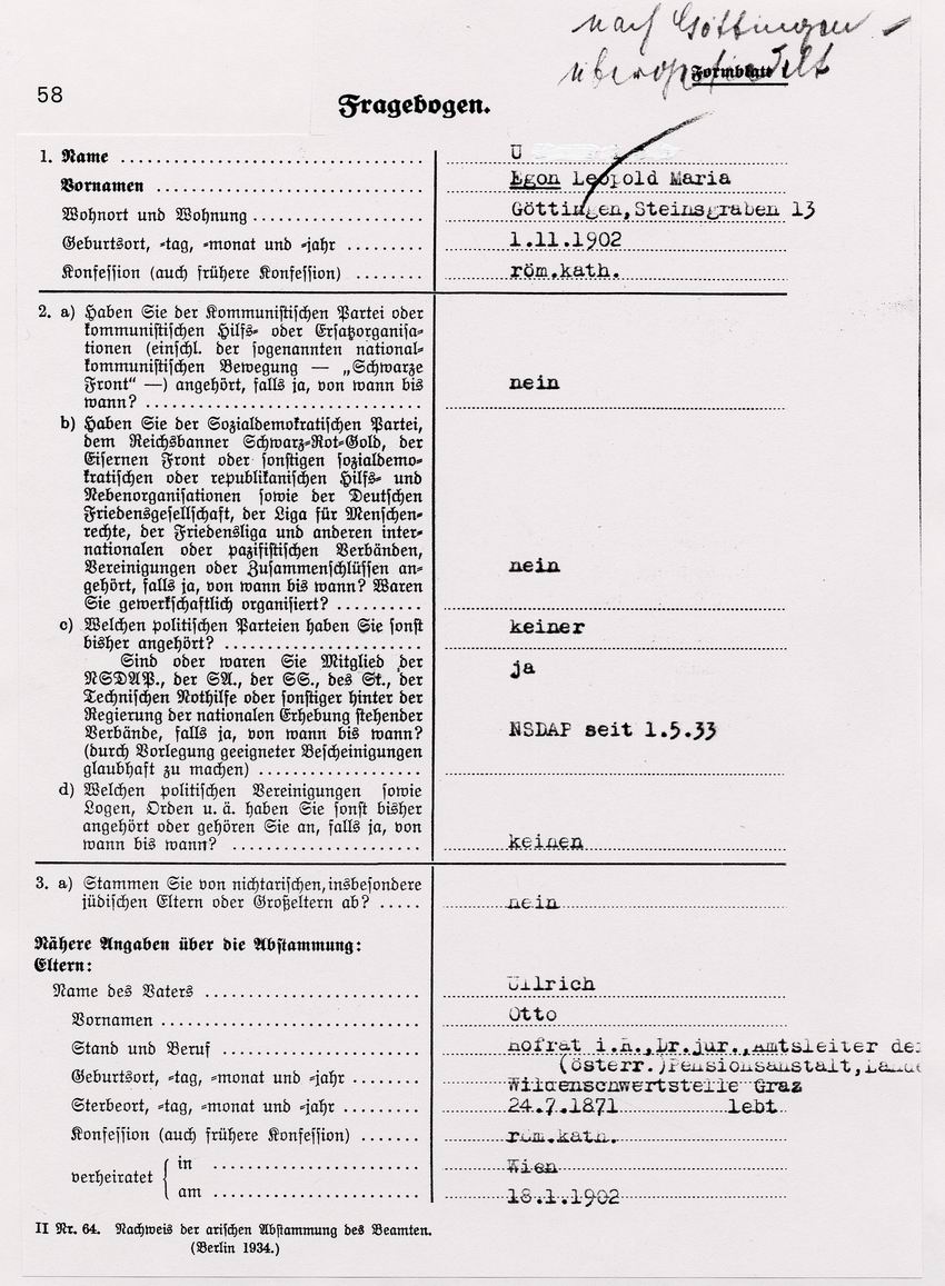 Personalfragebogen zur Einstellung in den öffentlichen Dienst, 25. Januar 1936