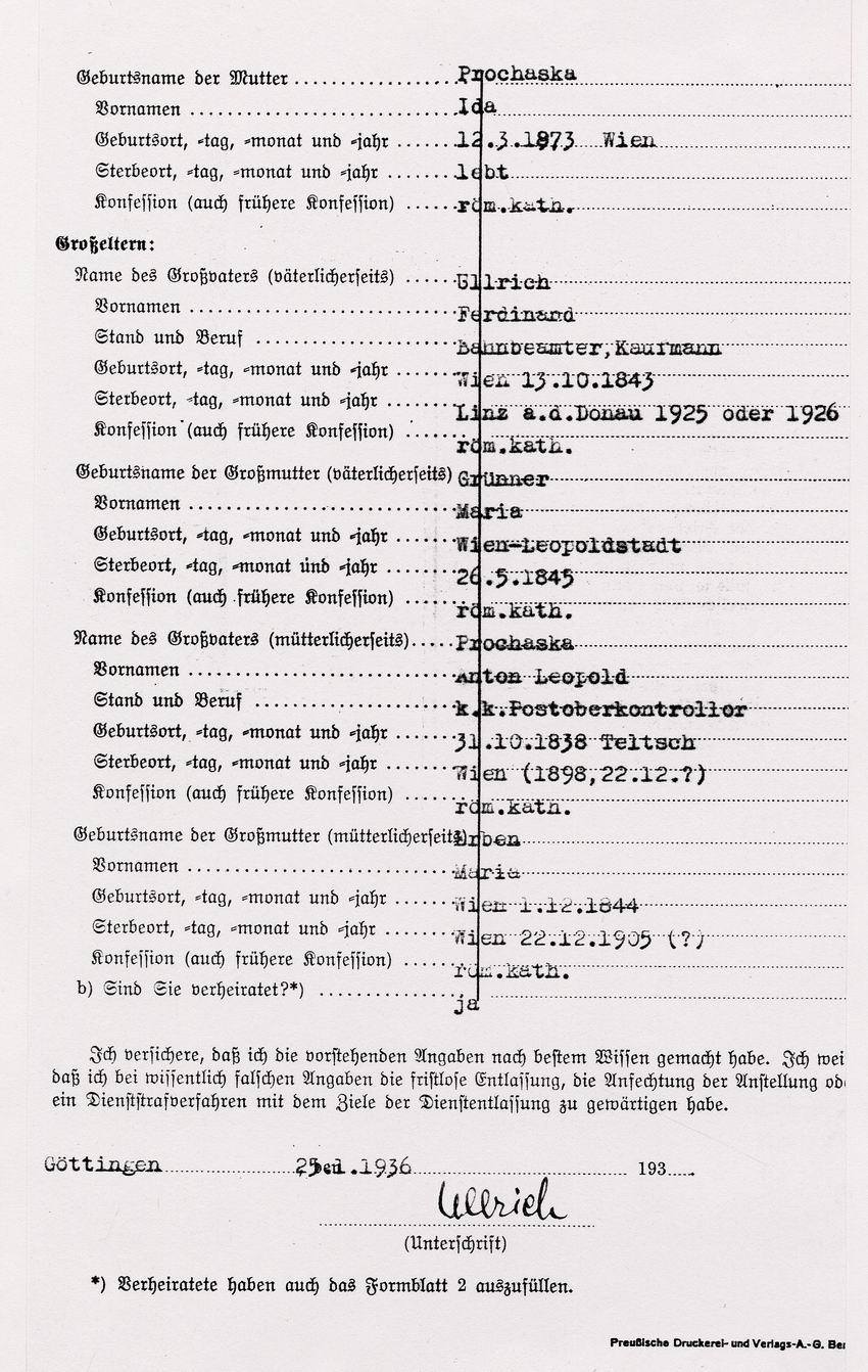 Personalfragebogen zur Einstellung in den öffentlichen Dienst, 25. Januar 1936