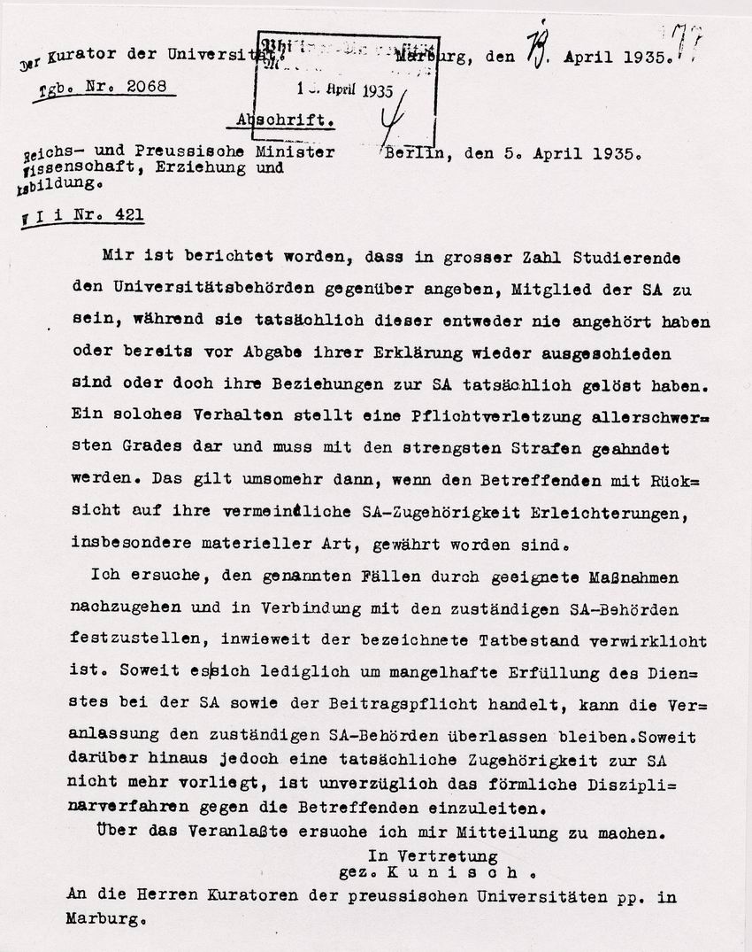 Schreiben des Reichsministers für Wissenschaft, Erziehung und  Volksbildung an die Kuratoren der Universität in Marburg  mit der Bitte um Überprüfung der SA-Mitgliedschaft von Studenten, 5. April 1935