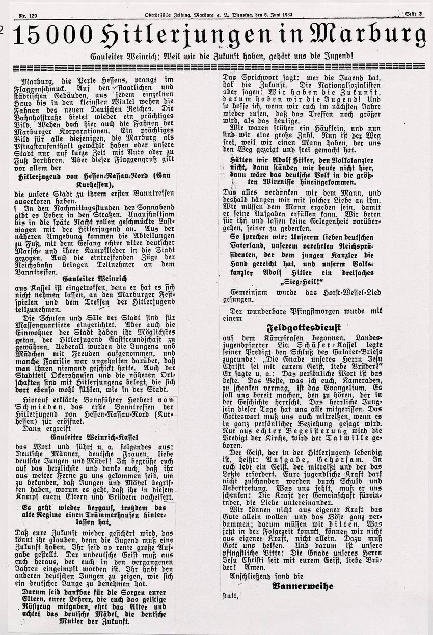Zeitungsartikel aus der Oberhessischen Zeitung über das Treffen der Hitlerjugend in Marburg, 6. Juni 1933