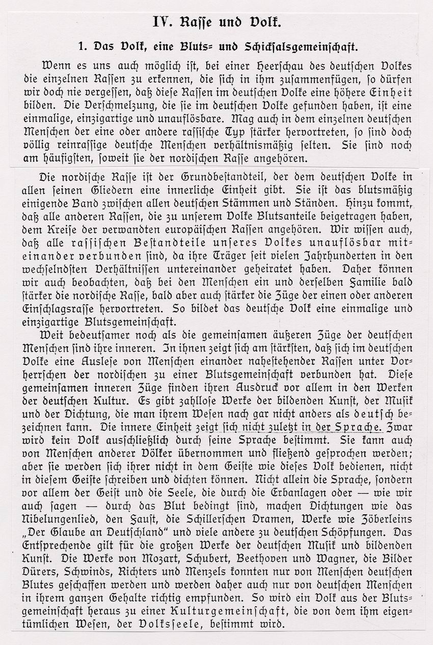 Auszug aus dem Biologiebuch für den Unterricht von Meyer-Zimmermann zum Thema Rasse und Volk, um 1939
