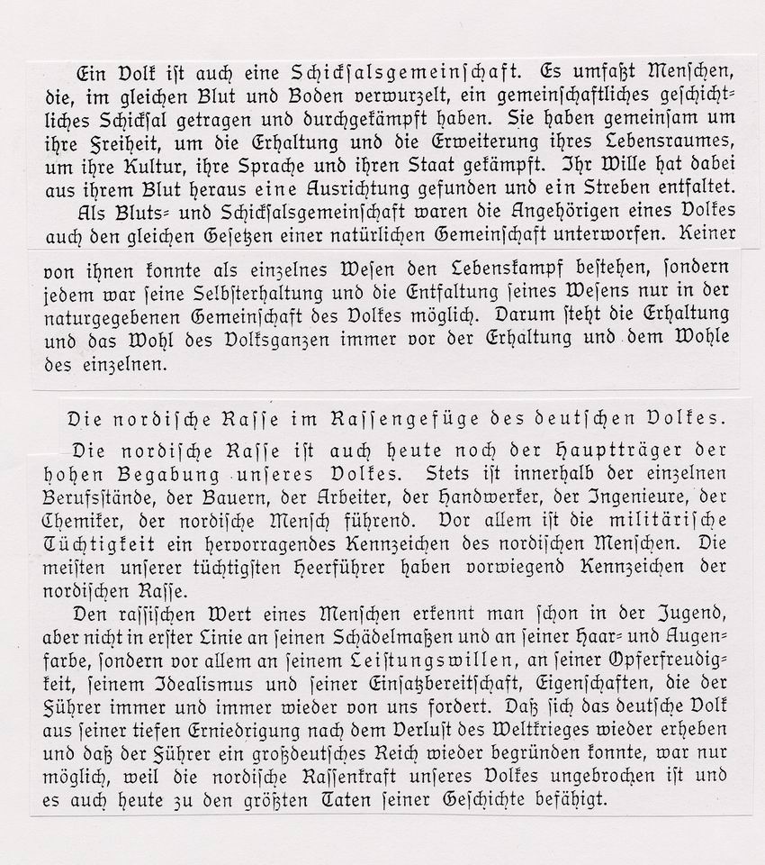 Auszug aus dem Biologiebuch für den Unterricht von Meyer-Zimmermann zum Thema Rasse und Volk, um 1939
