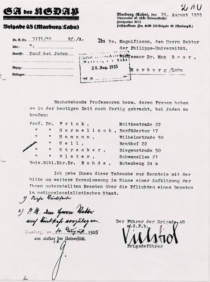 Schreiben der SA-Brigade 48 (Marburg) an den Rektor der Philipps-Universität Marburg über Professoren, die den Boykottaufruf gegen jüdische Geschäfte nicht einhielten, 30. August 1935