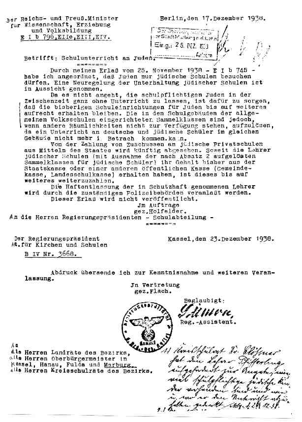 Runderlass des Reichsministers für Wissenschaft, Erziehung und Volksbildung über den Ausschluss der Juden von öffentlichen Schulen, 17. Dezember 1938
