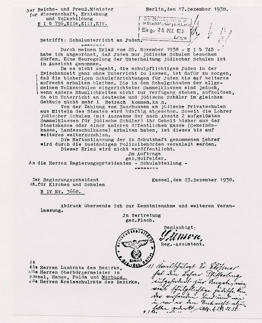 Runderlass des Reichsministers für Wissenschaft, Erziehung und Volksbildung über den Ausschluss der Juden von öffentlichen Schulen, 17. Dezember 1938
