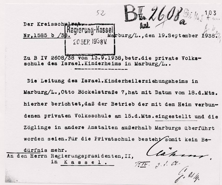 Schreiben des Kreisschulamtes Marburg an den Regierungspräsidenten in Kassel über die Einstellung der  privaten jüdischen Volksschule in Marburg, 19. September 1938