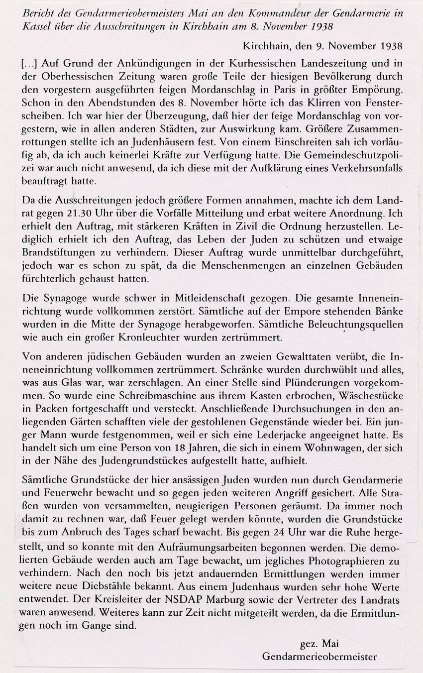 Bericht des Gendarmerieobermeisters Mai an den Kommandeur der Gendarmerie in Kassel über die Ausschreitungen in Kirchhain gegenüber jüdischem Besitz und über die Zerstörung der Synagoge, 9. November 1938