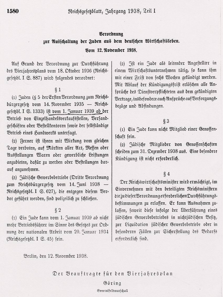 Verordnung zur Ausschaltung der Juden aus dem deutschen Wirtschaftsleben, 12. November 1938