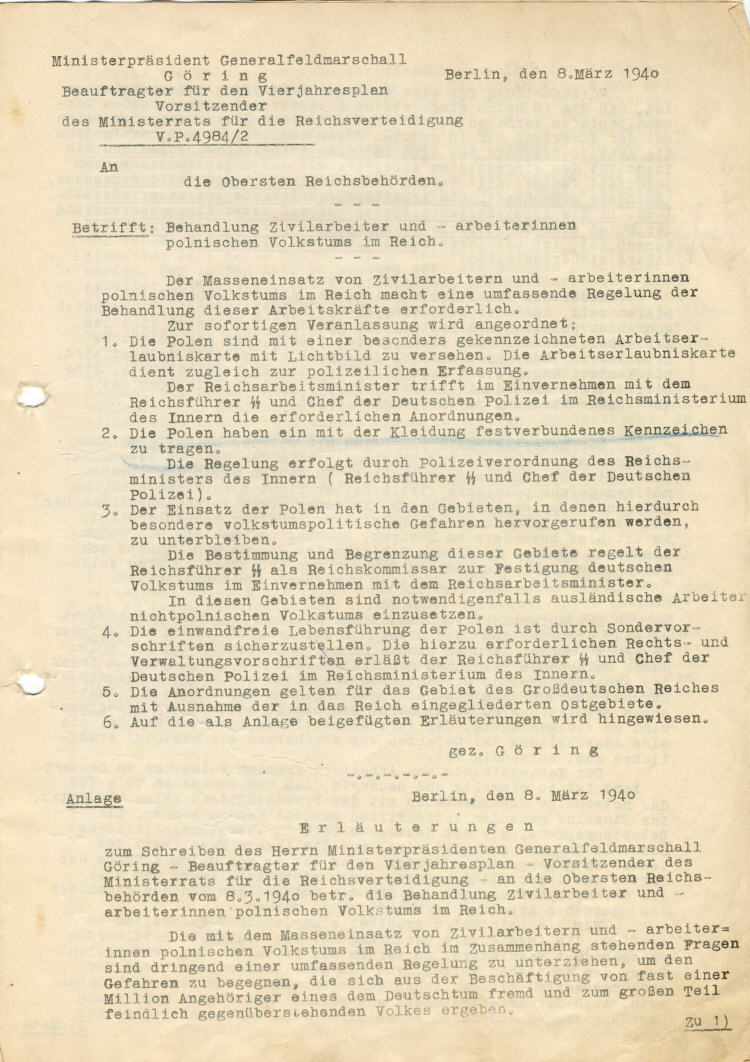 Ministerpräsident Hermann Göring an die Obersten Reichsbehörden: Behandlung Zivilarbeiter und –arbeiterinnen polnischen Volkstums im Reich, nebst Anlage