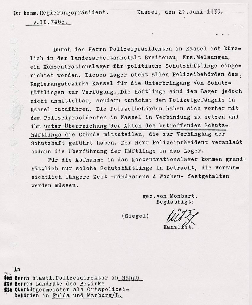Rundschreiben des komm. Regierungspräsidenten an den Staatl. Polizeidirektor in Hanau, die Landräte, und die Oberbürgermeister in Fulda und Marburg über die Aufnahme von „Schutzhäftlingen“ in das Konzentrationslagers der Landesarbeitsanstalt Breitenau, 27