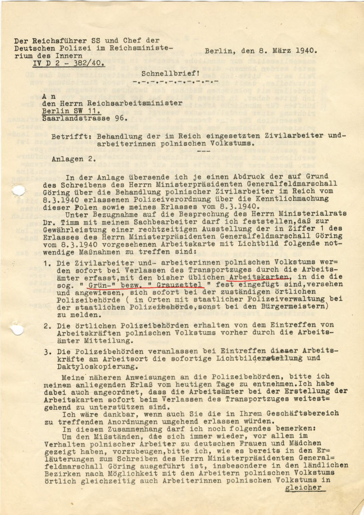 Reichsführer SS Heinrich Himmler an den Reichsarbeitsminister: Behandlung der im Reich eingesetzten Zivilarbeiter und –arbeiterinnen polnischen Volkstums