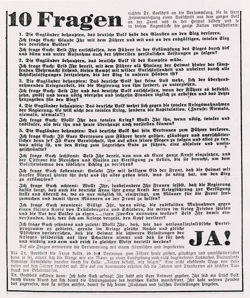 Zeitungsartikel mit Auszug aus der Rede von J. Goebbels im Berliner Sportpalast und Gelöbnis der Nation am 18. Februar 1943