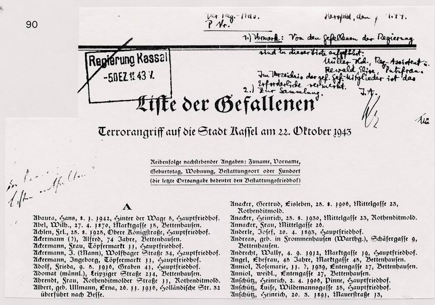 Amtliche Liste der Opfer des Luftangriffs am 22.Oktober 1943 auf Kassel, 4. April 1944 und
Schreiben des Oberbürgermeisters von Kassel an die NSDAP über die Anzahl der Opfer beim Luftangriff auf Kassel, 4. April 1944