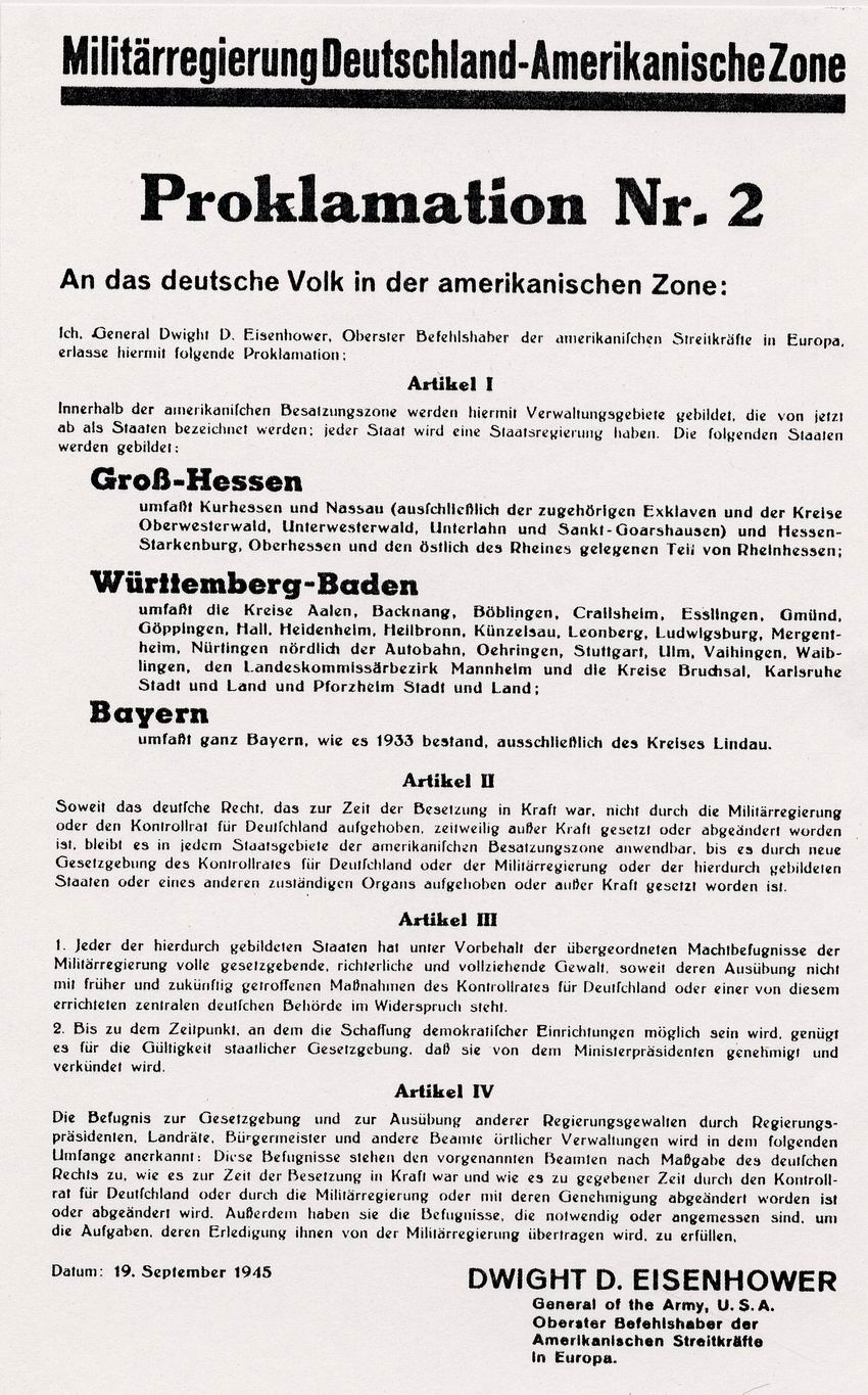 Proklamation Nr. 2 der Militärregierung Deutschland – Amerikanische Zone zur Gründung des Landes Hessen, 19. September 1945