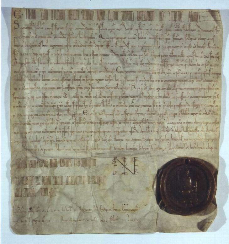 Diplom König Friedrichs I. für Graf Heinrich von Gudensberg über die Bestätigung der Güterschenkung für das Kloster Ahnaberg in Kassel, 3. Mai 1154
