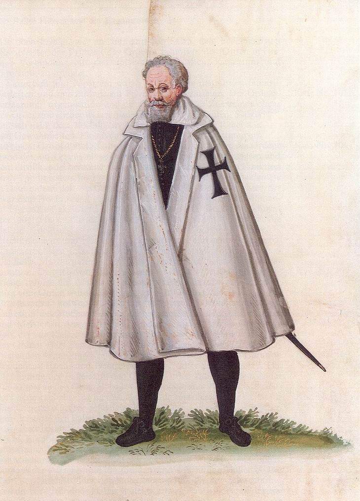 Statutenbuch des Deutschen Ordens mit Handzeichnung eines Ordensritters. Pergamenthandschrift mit farbigen Abbildungen, nach 1606