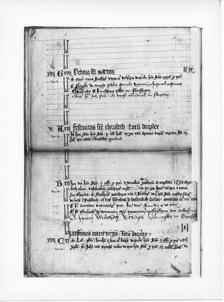 Fragment eines Nekrologs des Deutschordenshauses in Marburg. Pergamenthandschrift, geführt um 1320 bis 1531 (bzw. 1627)