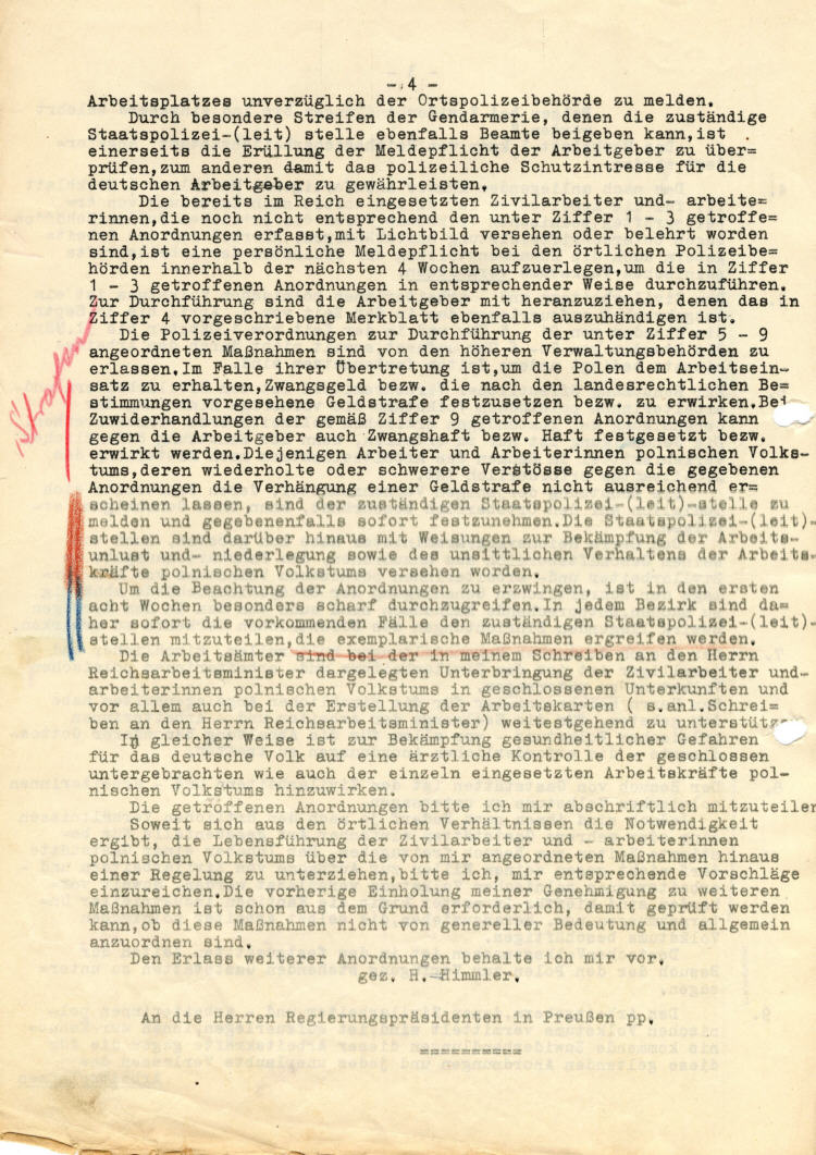 Reichsführer SS Heinrich Himmler:  Behandlung der im Reich eingesetzten Zivilarbeiter und –arbeiterinnen polnischen Volkstums: Schnellbrief  an die Regierungspräsidenten in Preußen