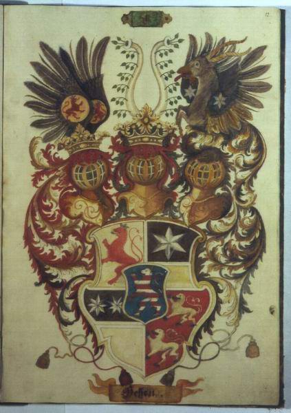 Hessisches Wappenbuch mit grafischer Darstellung der Anordnung der Wappen aus dem 16. Jh. im Rittersaal des Rotenburger Schlosses. Nachzeichnung, 18. Jahrhundert