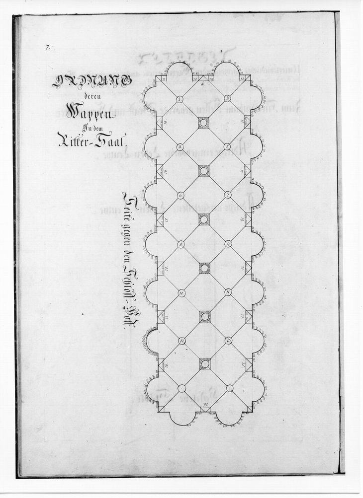 Hessisches Wappenbuch mit grafischer Darstellung der Anordnung der Wappen aus dem 16. Jh. im Rittersaal des Rotenburger Schlosses. Nachzeichnung, 18. Jahrhundert