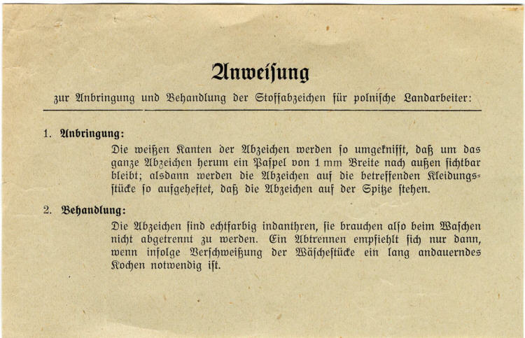 Polizeiverordnung über die Kenntlichmachung der im Reich eingesetzten Zivilarbeiter und –arbeiterinnen polnischen Volkstums vom 8. März 1940:  Stoffabzeichen „P“	