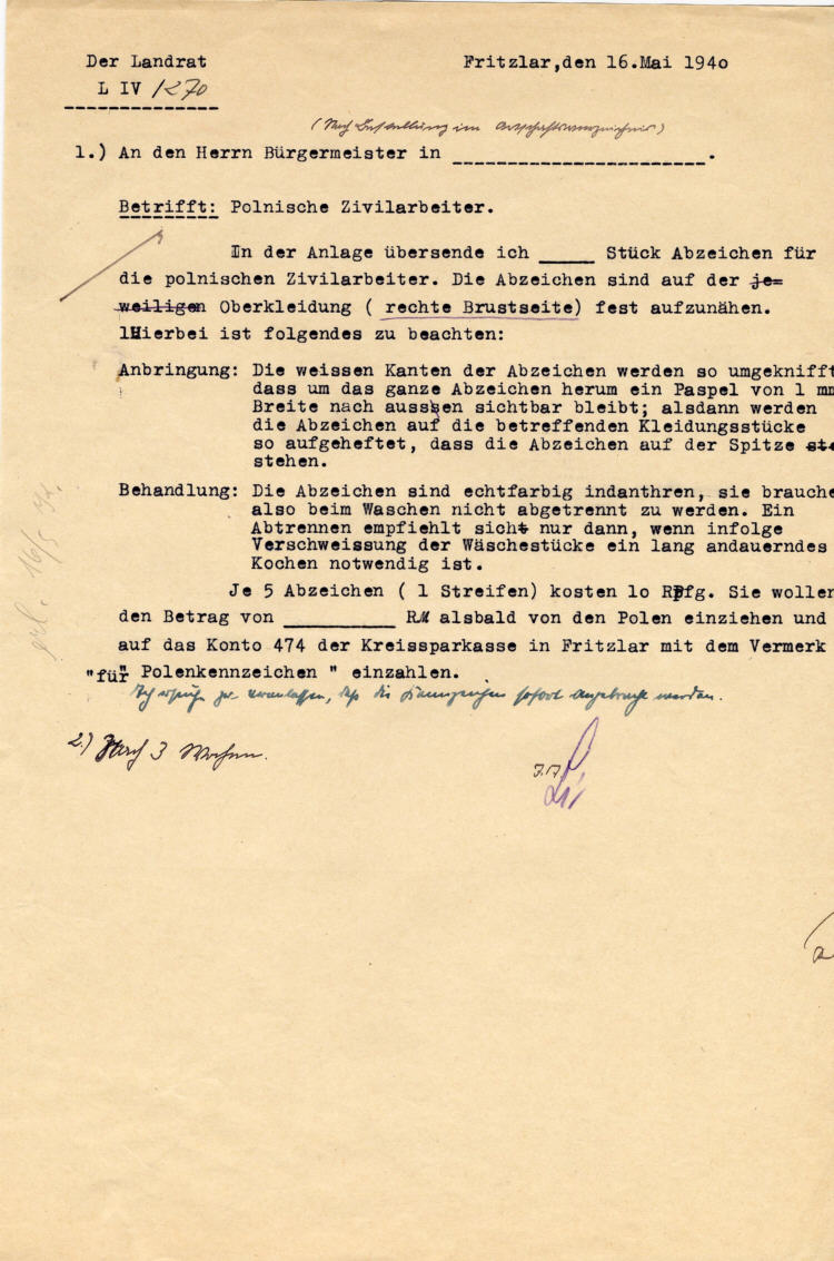 Polizeiverordnung über die Kenntlichmachung der im Reich eingesetzten Zivilarbeiter und –arbeiterinnen polnischen Volkstums vom 8. März 1940:  Stoffabzeichen „P“	