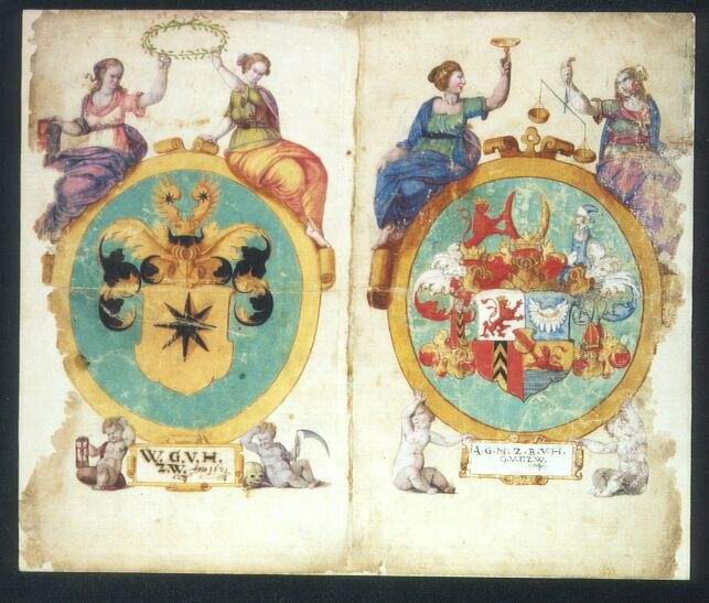 Wappen des Grafen Wolrad IV. von Waldeck und seiner Gemahlin Anna, geborene Markgräfin von Baden-Durlach. Kolorierte Handzeichnung, 1621