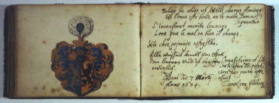 Stammbuch des Johannes Kohlschön mit Wappenzeichnung und Eintragung von Carl von Geldern, Danzig 1654-1657