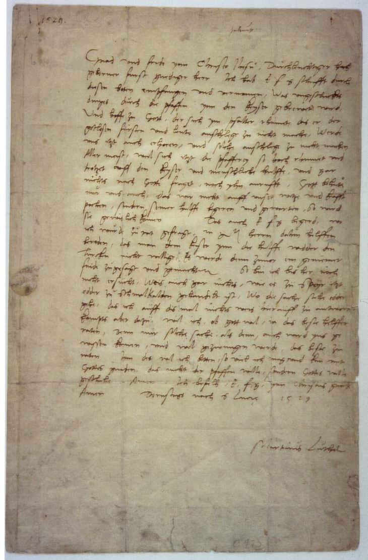 Brief Martin Luthers an Landgraf Philipp den Großmütigen als Antwort auf einen Brief des Landgrafen über die Frage des Widerstands gegen den Kaiser, 16. Dezember 1529