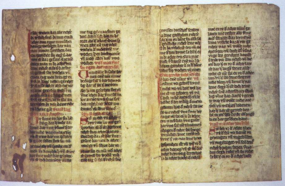 Doppelblatt aus einer Handschrift des Schwabenspiegels, 15. Jahrhundert