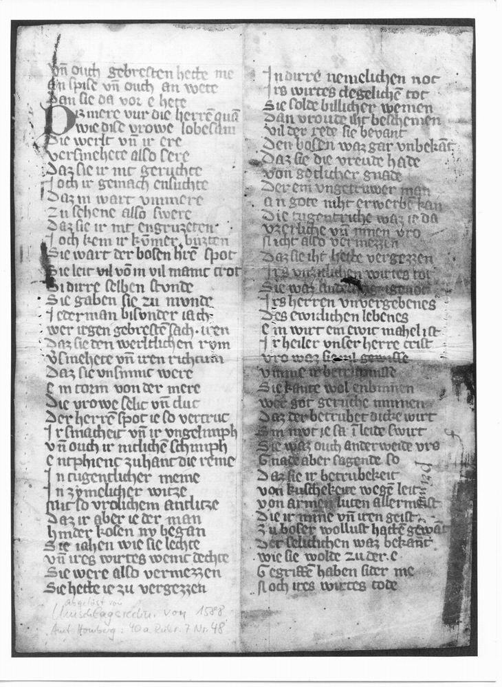 Fragment aus einer Abschrift einer anonymen mittelhochdeutschen Verslegende über das Leben der Heiligen Elisabeth, 14. Jahrhundert