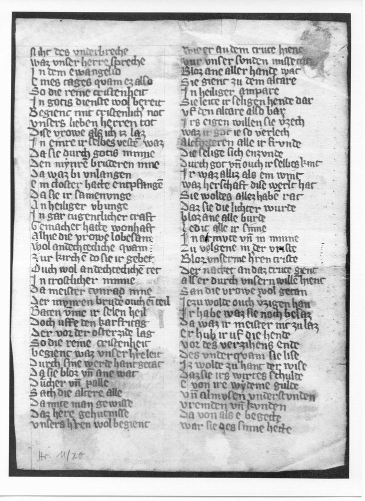 Fragment aus einer Abschrift einer anonymen mittelhochdeutschen Verslegende über das Leben der Heiligen Elisabeth, 14. Jahrhundert