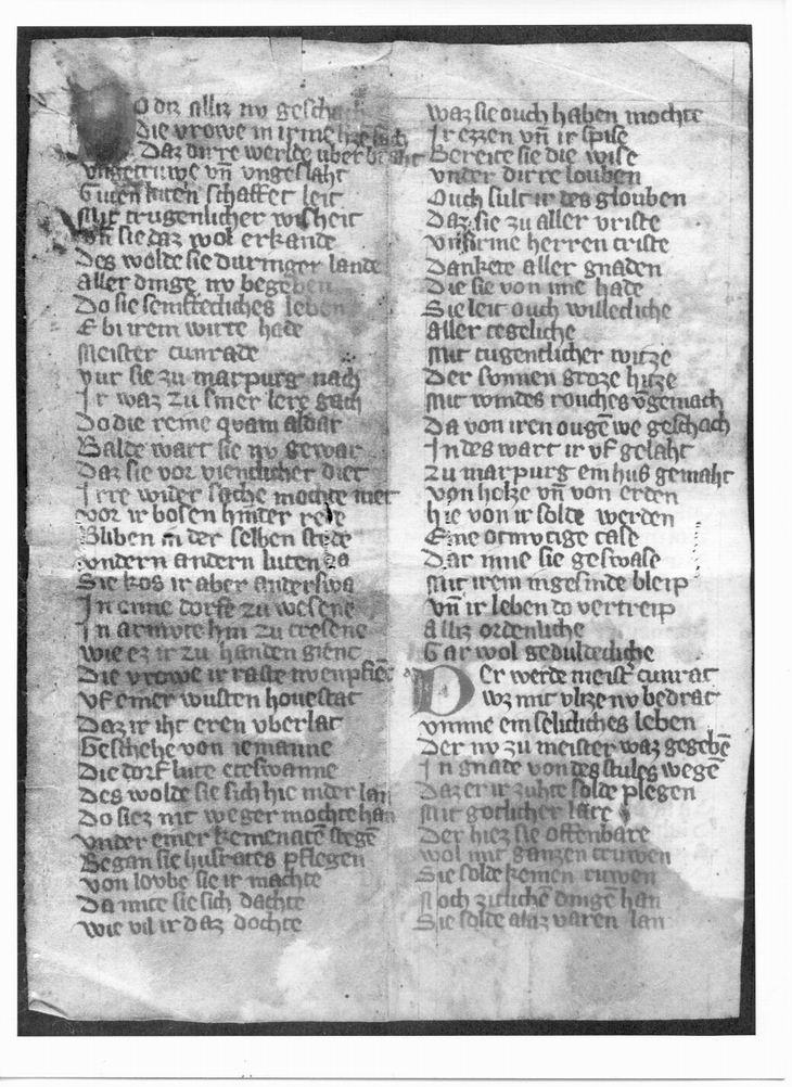 Fragment aus einer Abschrift einer anonymen mittelhochdeutschen Verslegende über das Leben der Heiligen Elisabeth, 14. Jahrhundert