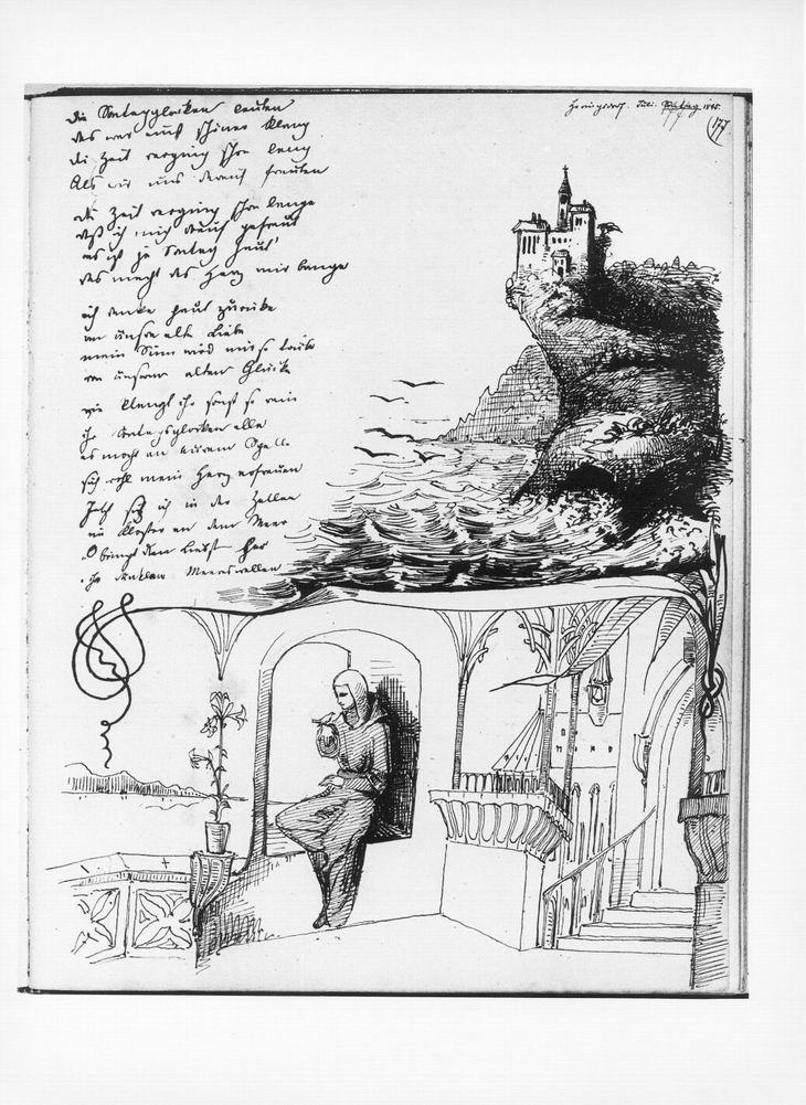 Gemeinsames Tage- und Skizzenbuch Herman Grimms und Gisela von Arnims mit Skizzen und Textentwürfen, begonnen 1845