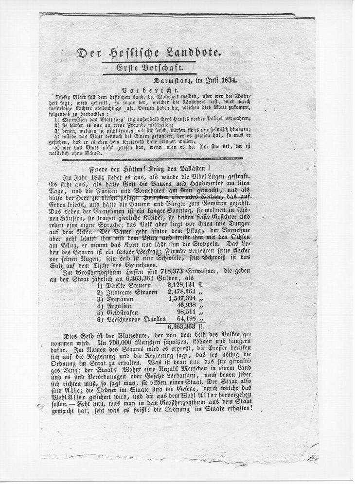 Erstdruck der Flugschrift „Der Hessische Landbote“ von Georg Büchner und Friedrich Ludwig Weidig. Titelblatt, Juli 1834