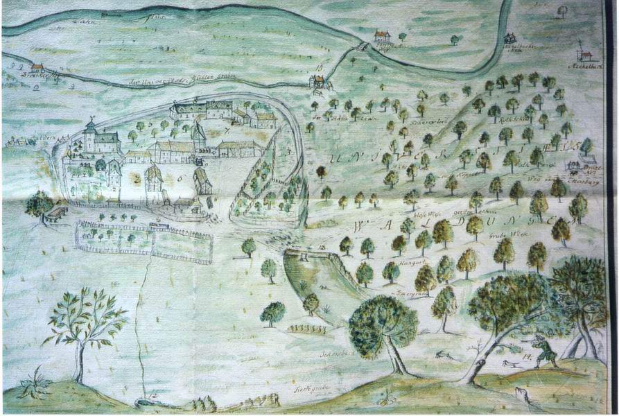 Handzeichnung einer Karte des freien Klosterhofs und des Waldes bei Caldern im Besitz der Universität Gießen, 1722