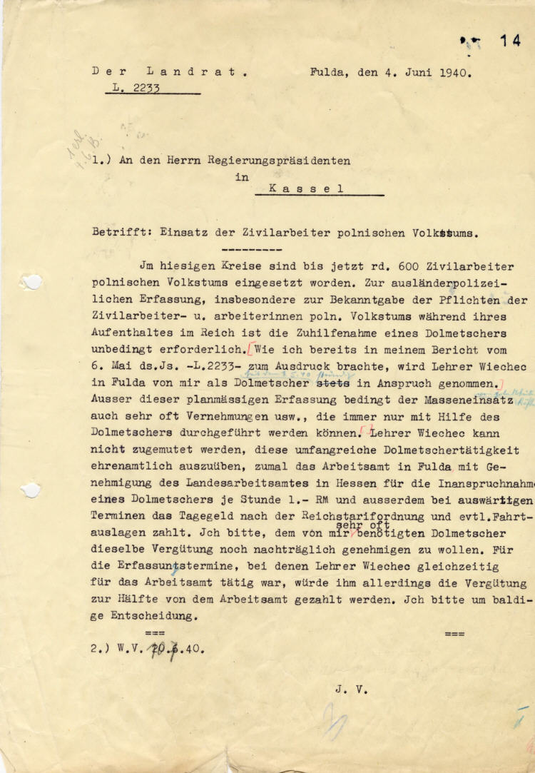 Der Landrat Fulda an den Regierungspräsidenten in Kassel: Dolmetscher für polnische Zivilarbeiter