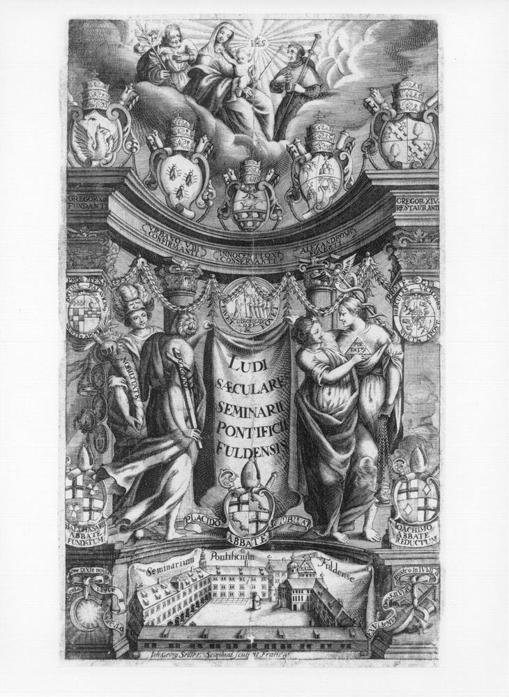 Titelblätter zu zwei Schriften über das Päpstliche Seminar und spätere Universität Fulda. Kupferstiche von Johann Georg Seiler und B. Anton Cöntgcn, 17. und 18. Jahrhundert