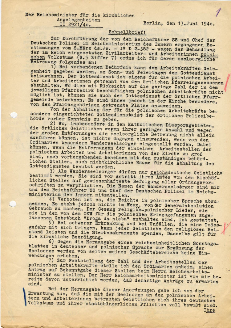 Der Reichsminister für die kirchlichen Angelegenheiten, Berlin, über die seelsorgliche Betreuung der im Reich eingesetzten Zivilarbeiter und –arbeiterinnen polnischen Volkstums
