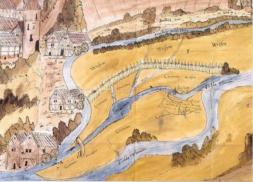 Karte der Mühlen an der Fulda bei der Stadt Fulda mit Darstellung einer Walkmühle, um 1652