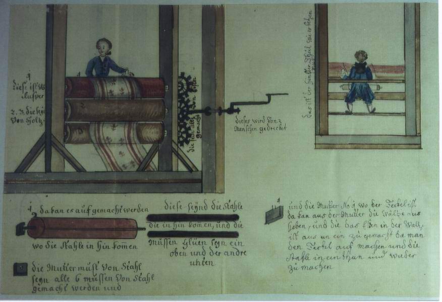 Federzeichnung einer Kalandermaschine zum Einfärben und Appretieren von Stoffen, 1766